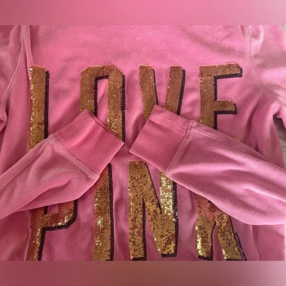 Y2K Victoria's Secret Love Pink Velour Hoodie bubblegum Pink Gold Sequin Medium - Picture 4 of 12